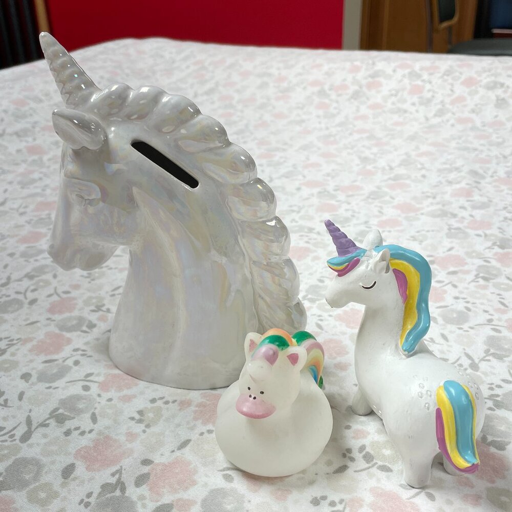 Unicorn trio - Pearlescent ceramic bank, figurine, uni-duck - Fun!